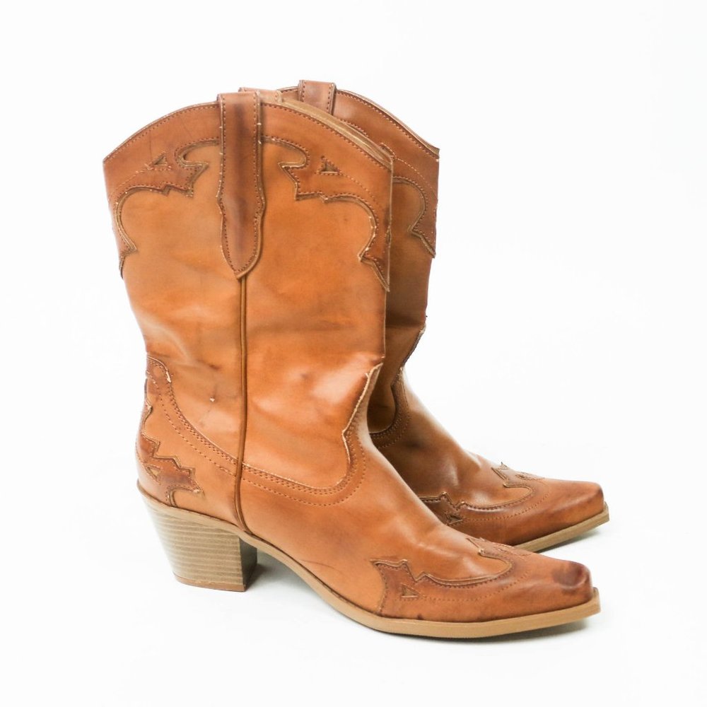 Splash Brown Rustic Western Style Cowboy Boots Vegan Leather Boho Bohemian